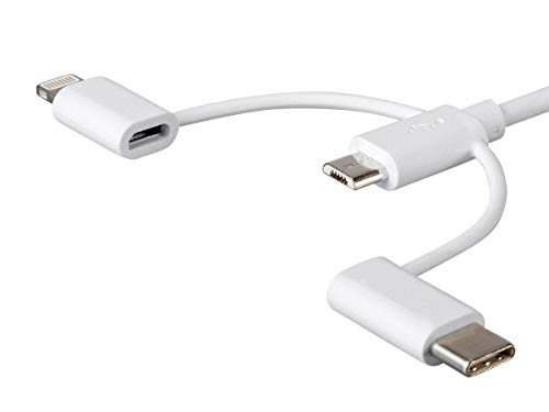 Monoprice 3-in-1 USB Multiport Charging Cable – 3 ft White – Versatile USB Micro-B, USB-C & Lightning Compatibility for Fast Charging and Data Transfer – Essential Tech Accessory for Home, Office, and Travel