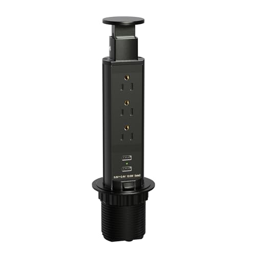 Elevate Your Charging Station with the Kungfuking Retractable Pop Up Outlet Socket – Versatile Power Hub Featuring 3 US Plugs & 2 USB Ports for Kitchen Counters, Conference Rooms, and Office Spaces, Sleek Black Design for Modern Aesthetics, Efficient Charging & Clutter-Free Organization