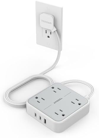 TESSAN 5 FT Flat Extension Cord Surge Protector – 4 Outlet Power Strip with 3 USB C Ports (1 USB C) for Fast Charging, 900 Joules Electronics Protection, Space-Saving Design for Home, Office, and Dorm Use, Enhanced Compatibility and Efficiency