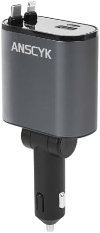 Compact 4-in-1 Retractable Car Charger by ANSCYK – 60 W Fast Charging with Lightning & USB-C Cables for i Phone, Galaxy, Pixel – Sleek Design & Enhanced Compatibility for Effortless On-the-Go Power Solutions