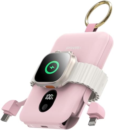 Versatile PWR Versa 4 in 1 Portable Charger for Apple Watch – 5000 m Ah Wireless Power Bank with Built-in Cables and Travel Keychain – Fast Charging, Enhanced Device Compatibility, and Durable Design for On-the-Go Power Solutions