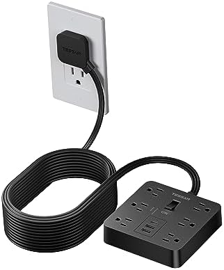 TESSAN 6-Outlet Black Surge Protector Power Strip with 3 USB Ports (1 USB-C) – 5 FT Flat Plug Extension Cord, 1700 Joules Surge Protection for Safe Charging in Home, Office & College Dorm – Compact and Versatile Multi-Device Charging Station