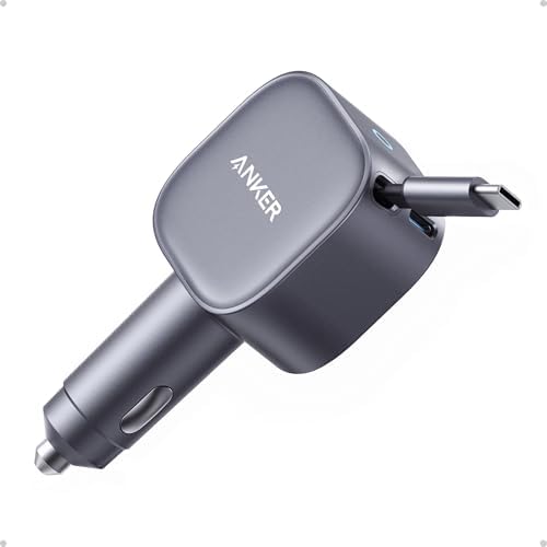 Anker 75 W Ultra-Compact USB-C Car Charger with Retractable Cable – Fast Charging for i Phone 15/14, Samsung S24/S23, Mac Book Pro/Air, and More – Dual Device Power, Clutter-Free Convenience for Road Trips and Daily Commutes