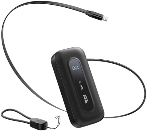 Ultra-Portable 10,000 m Ah Power Bank with Retractable Cable & USB-C to Lightning Compatibility – 30 W Fast Charging Battery Pack for i Phone 16/15/14/13 & Samsung Devices – LED Display for Easy Monitoring – Essential Travel Charger for On-the-Go Power Solutions