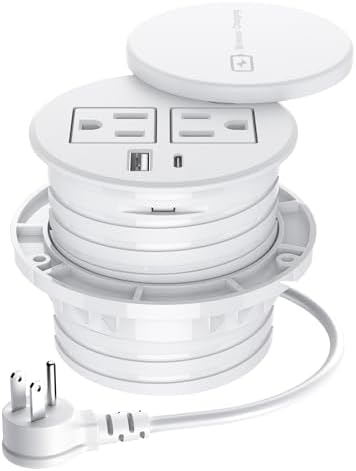 Elevate Your Workspace with a 15 W Wireless Charging Recessed Power Grommet – 20 W USB-C Fast Charging Station, Dual AC Power Outlets, Sleek Flush Mount Desk Power Solution for Tidy Cable Management and Enhanced Efficiency in Office and Home Environments