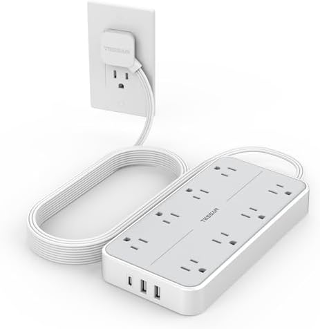 TESSAN 8-Outlet Surge Protector Power Strip with 3 USB Ports (1 USB-C) – 1080 Joules of Safety, Wall-Mountable Extension Cord for Home, Office, and Dorm – Ultimate Charging Hub for Multiple Devices and Enhanced Protection