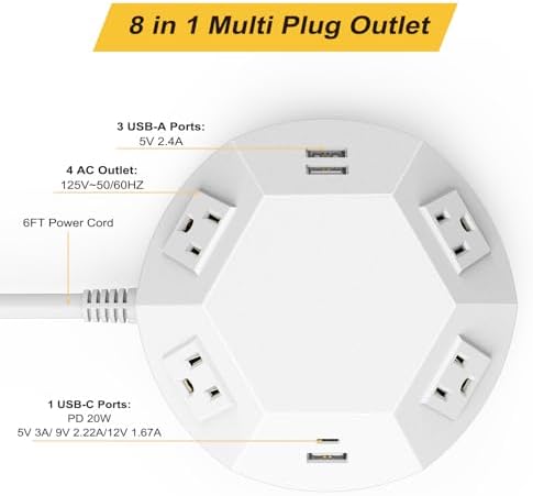 Advanced Power Strip Tower with Surge Protection, 20 W USB-C Charging Ports, 4 AC Outlets, and 4 USB Ports – 6.56 FT Extension Cord for Optimal Connectivity in Home Office, Bedroom, and Living Spaces – Compact Design for Space-Saving Efficiency and Enhanced Device Safety