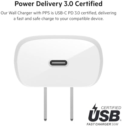 Belkin 30 W USB-C Fast Charger Block with USB-C to C Cable – Ultra-Fast Power Delivery 3.0 for i Phone 16, Samsung Galaxy S25, Google Pixel, Nintendo Switch 2 & More – Sleek White Design for Optimal Travel Convenience – PPS & USB-IF Certified for Reliable Charging Performance – Enhance Your Device’s Lifespan with Smart Power Regulation