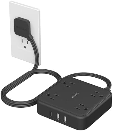 TESSAN 5 FT Flat Extension Cord Surge Protector – 4 Outlet Power Strip with 3 USB C Ports (1 USB C) for Fast Charging, 900 Joules Electronics Protection, Space-Saving Design for Home, Office, and Dorm Use, Enhanced Compatibility and Efficiency