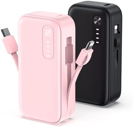 Compact 5000 m Ah Dual Power Bank Set with Integrated Cables – Ultra-Slim Fast Charging Portable Chargers for i Phone & Android | Stylish Travel Power Solutions in Black & Pink for Effortless Energy on the Move