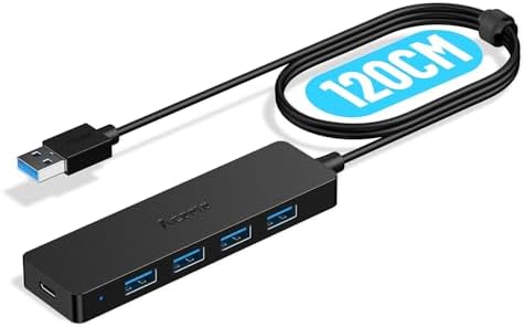 Ultra-Slim 4-Port USB 3.0 Hub with 2 ft Extended Cable – High-Speed Data Transfer for Mac Books, PCs, and More – Compact USB Expander for Enhanced Connectivity, Ideal for On-the-Go Professionals and Home Offices