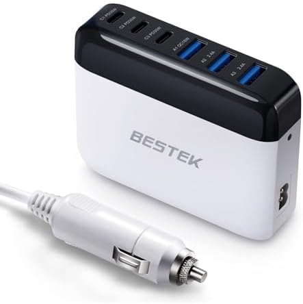 BESTEK High-Power Multi-Port USB Car Charger – 125 W 14 A Fast Charge Adapter with Quick Charge 3.0 & USB-C PD Technology for Efficient On-the-Go Device Charging – Ideal for Families and Road Warriors