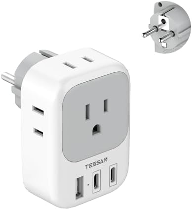 TESSAN Universal European Travel Power Adapter – 3 High-Speed USB Ports (2 USB-C) & 4 AC Outlets for Seamless Device Charging Across France, Germany, Spain, Greece & More – Compact Multi-Port Solution for Global Travelers – Ultimate Type E/F Plug Converter for Efficient Connectivity
