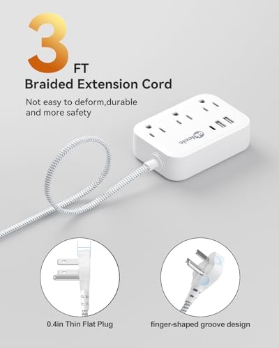Compact PD 20 W USB C Travel Power Strip with Flat Plug Design, 3 AC Outlets & 3 USB Ports for Rapid Charging – Ideal Cruise Ship Essential & Versatile Charging Station for i Pad Pro, i Phone, Samsung Devices – 3 FT Short Extension Cord for Convenient Use