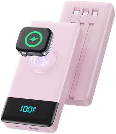 Ultra-Compact 10800 m Ah Fast Charging Power Bank with Built-In Cables and Apple Watch Compatibility – 6 Outputs, QC4.0 + PD Technology for Rapid Recharging of i Phone 16/15/14/13/12 and More – Ideal Travel Companion in Stylish Pink – Superior Safety Features for Peace of Mind