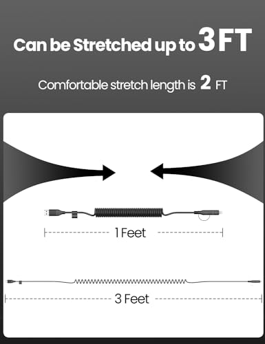 Dual-Function Coiled USB-C & Lightning Charging Cable 3 FT – 60 W Fast Charge for i Phone 15/16 & Samsung Galaxy – Perfect for Apple Car Play & Android Auto Integration (Sleek Black) – Enhanced Durability & Space-Saving Design