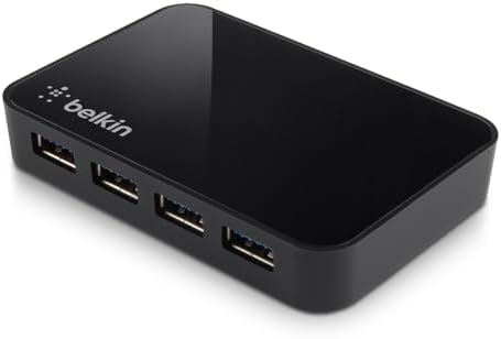 Belkin 4-Port USB 3.0 Hub – Super Speed Powered Adapter for Seamless Data Transfer & Fast Charging – Ideal Companion for Laptops, Printers, i Phone Chargers & Storage Devices – Compact Black Design for Enhanced Portability and Performance