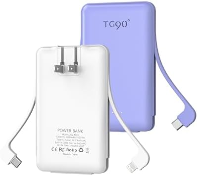 Ultra-Compact TG90° Portable Charger: 5000 m Ah Power Bank with Integrated AC Wall Plug and Triple Output for i Phone and Android Devices – Fast Charging Made Effortless and Convenient