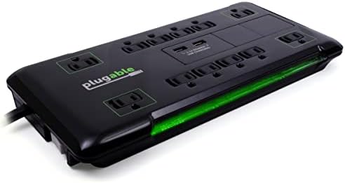 Plugable 12-Outlet Power Strip with 4320 Joules Surge Protection and 10.5 W Dual USB Charger for Fast Charging Mobile Devices – 6-Foot Cord for Flexible Placement and Enhanced Device Safety