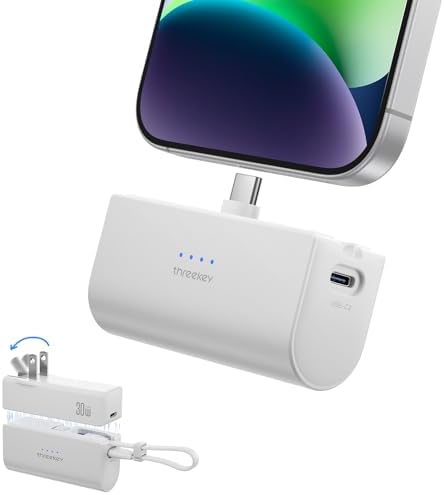 THREEKEY Portable Power Bank 5000 m Ah with 20 W PD Fast Charging – Travel-Friendly Charger for i Phone 16/15, Samsung Galaxy, i Pad Air/Pro & Google Pixel – Includes 30 W Ga N Wall Charger for Enhanced Charging Speed and Compatibility