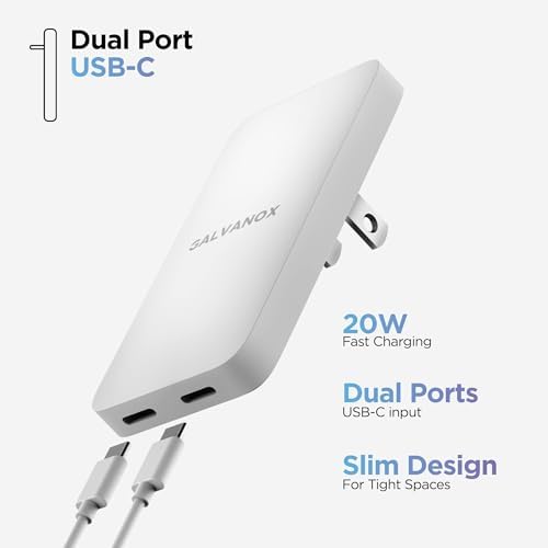 Ultra-Slim Galvanox Dual USB-C Fast Charging Wall Charger – 20 W Type C Power Adapter for i Phone 13, 14, 15, 16 Pro Max & Samsung Galaxy – Dual Port Design for Efficient Simultaneous Charging with Enhanced Safety Features