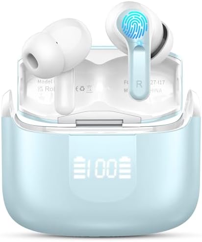 Light Cyan Bluetooth 5.4 Wireless Earbuds with Hi-Fi Stereo Sound – Waterproof IP7 Sports Headphones Featuring 4 ENC Mics, 40-Hour Battery Life, and Ergonomic Comfort for All-Day Use – Ideal for Music Lovers and Active Lifestyles