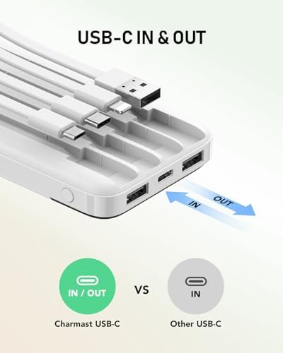 Ultra-Slim 10,000 m Ah Charmast Portable Charger with Built-In Cables – High-Speed 15 W USB-C Power Bank for i Phone 16/15/13, Samsung, and Android Devices – Charge 6 Devices Simultaneously with Real-Time LED Display – Travel-Friendly Battery Pack with Pouch for Added Durability and Low Current Mode for Safe Charging of Earphones and Speakers – Essential Power Solution for Daily Use and On-the-Go Charging