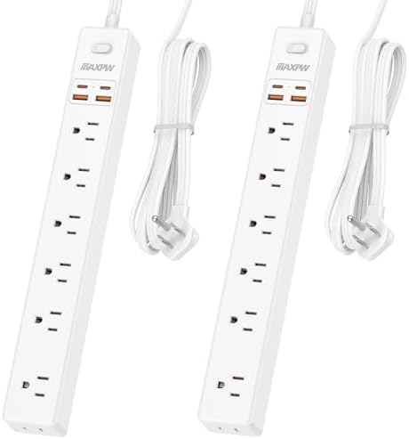 Dual Pack Surge Protector Power Strip with 7 Outlets & 4 USB Ports (2 USB-C) – 6 Ft Flat Plug Extension Cord for Ultimate Device Charging Efficiency – 1875 W/15 A, 1700 Joules Protection, Wall-Mountable for Home, Office, & Dorm Spaces – Sleek Design for Space Optimization and Safety