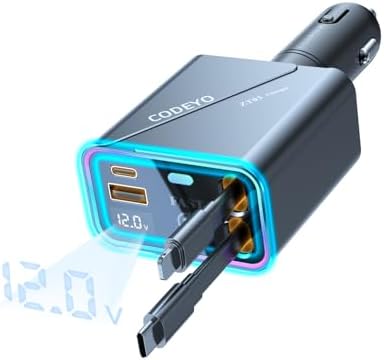 Revolutionary 4-in-1 Retractable Car Charger – 146 W Fast Charging Solution with PD 65 W & 30 W Outputs, 2.9 ft Tangle-Free Cord, RGB Light for Enhanced Visibility, Perfect Compatibility for i Phone 16/15/14/13/12, Android Devices & Laptops – Sleek Gray Design for Modern Vehicles