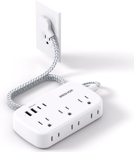 BESHON 5 FT Flat Plug Power Strip with 6 Outlets and 4 USB Ports – Ideal Travel Companion for Dorm Rooms and Cruise Ships, Space-Saving Design for Enhanced Accessibility and Fast Charging