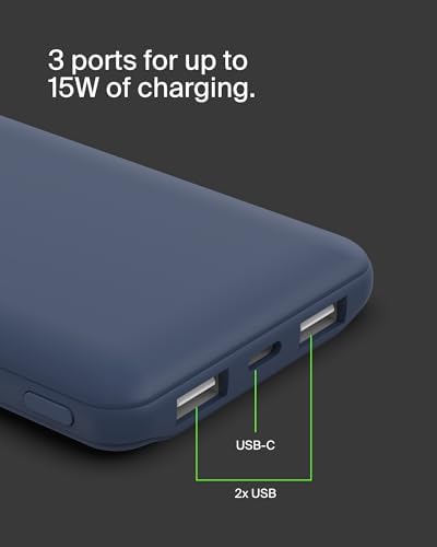 Belkin 10,000 m Ah Portable Charger – Fast Charging USB C Power Bank with Dual USB-A Ports for Multiple Devices, Includes Type-C to Type-A Cable, Compatible with i Phone 16, Samsung Galaxy S25, Nintendo Switch 2, i Pad & More – Lightweight Blue Design for Effortless Portability and Enhanced Power Delivery