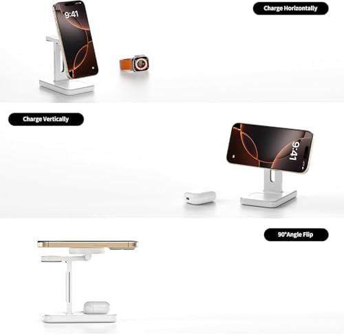Ultimate 3-in-1 Fast Wireless Charging Station for Magsafe Apple Devices – Sleek Aluminum Charger with Adapter for i Phone 16/15/Pro/Pro Max/14/13/12, Apple Watch & Air Pods – Premium Magnetic Stand for Enhanced Speed and Style