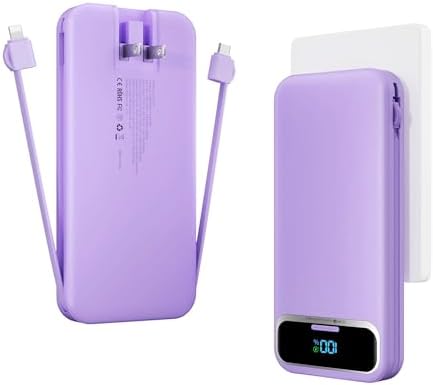 12000 m Ah Ultra-Light Portable Power Bank with Built-In Cables & AC Wall Plug – PD20 W USB-C Fast Charging for i Phone, Samsung & Android – LED Display for Battery Monitoring – Ultimate Travel Companion for Quick Device Recharging