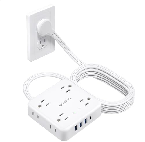 TROND 360° Rotating Plug Power Strip with 5 FT Flat Cord – 4 AC Outlets & 4 USB Ports (2 USB-C) – Wall Mount Surge Protector with 1440 Joules Safety Rating – Ultimate Travel & Home Charging Solution for Electronics and Devices