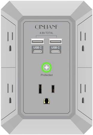 QINLIANF 5-Outlet USB Wall Charger with Surge Protection – 4 USB Ports (4.8 A Total) Power Strip Extender, 3-Sided Design for Easy Access, 1680 J Surge Defense, Compact Multi-Plug Adapter for Home, Travel, and Office Use – Elevate Your Charging Experience with Versatile Compatibility and Safety