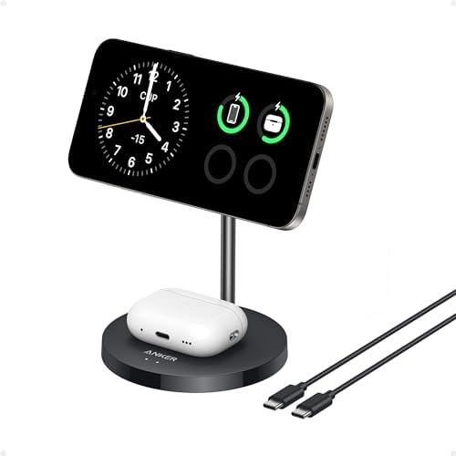 Anker Mag Go Wireless Charger Stand – 15 W Qi2 Certified 2-in-1 Charging Station for i Phone 12-16 & Air Pods Pro – Sleek Design for Fast, Efficient Charging – Perfect for Home or Office Use – White (No Adapter)