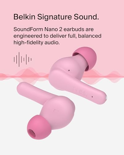 Belkin Sound Form Nano 2 Kids Bluetooth Earbuds – Safe Listening at 85 d B, 28-Hour Playtime, IPX5 Water-Resistant Design, Built-in Microphone for Clear Communication – Perfect for i Phone, i Pad, Galaxy – Stylish and Durable Pink Earbuds for Young Music Lovers