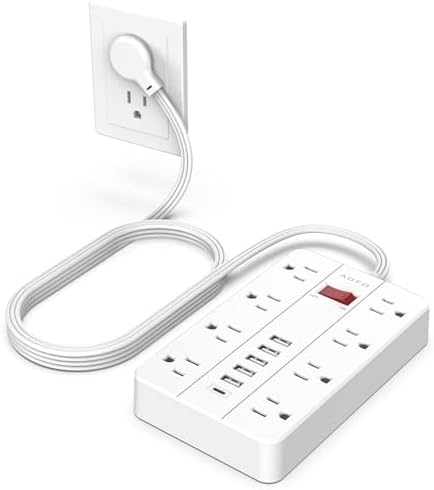 Compact Surge Protector Power Strip with 8 Outlets & 6 USB Ports – AOFO 5 ft Flat Extension Cord for Travel, Office & Dorm – Durable Design with USB-C Fast Charging, Enhanced Safety & Space Efficiency