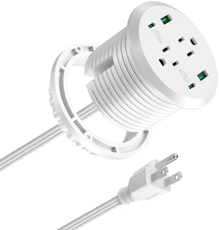 Revolutionize Your Workspace with the Elite Desktop Power Grommet: 40 W Fast Charging Hub Featuring 2 PD 20 W USB-C Ports, Dual AC Outlets, 4 USB Ports, and 6 ft Cord for Optimal Flexibility – Sleek Recessed Design for a Clutter-Free Desk Environment