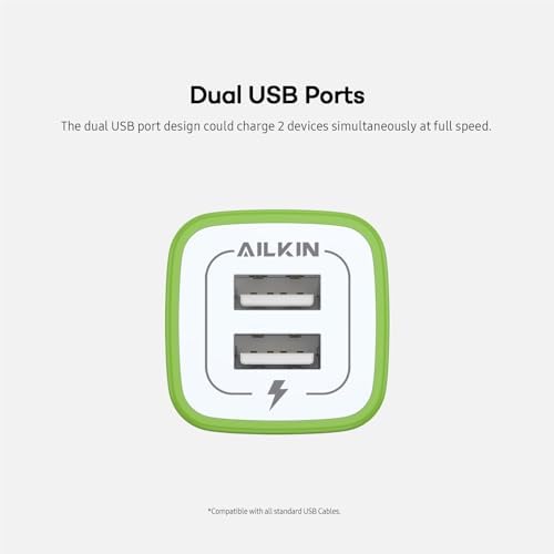 AILKIN Dual Port USB Wall Charger 2-Pack – 2.1 A Fast Charging Adapter for i Phone 15/14/13/12/11 Pro, Samsung Galaxy S23/S22/S21 – Compact Power Block with Quick Charge Technology – Universal Compatibility & Safety Features for Home and Travel