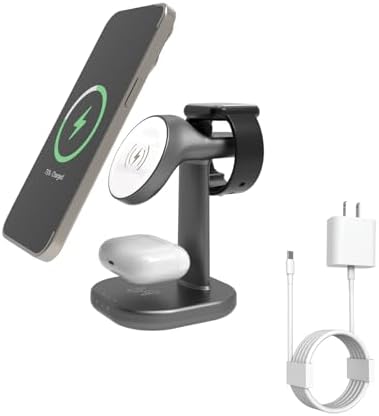 Premium 3-in-1 Magnetic Wireless Charging Station for i Phone, Apple Watch & Air Pods – Fast 15 W Charging with Ultra-Strong N52 Magnets for Secure Hold, Adjustable Stand & Smart Cooling Technology – Sleek Gray Design for Home & Office Use