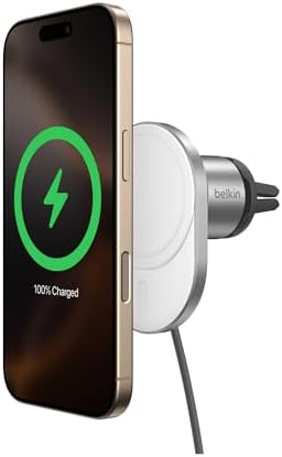 Effortless On-the-Go Charging: Belkin 15 W Magnetic Wireless Car Charger – Qi2-Certified, Mag Safe-Compatible Vent Mount for i Phone 12-16 & Samsung Galaxy S25 – Sleek Gray Design for Enhanced Device Stability and Fast Power Delivery