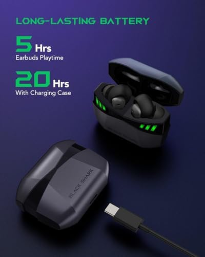 Elevate Your Gaming Experience with Black Shark Wireless Gaming Earbuds – Hi-Fi Stereo Sound, IPX5 Waterproof Design, Noise-Cancelling Microphone, and Quick Charging Case for Ultimate Convenience and Performance on i Phone & Android Devices