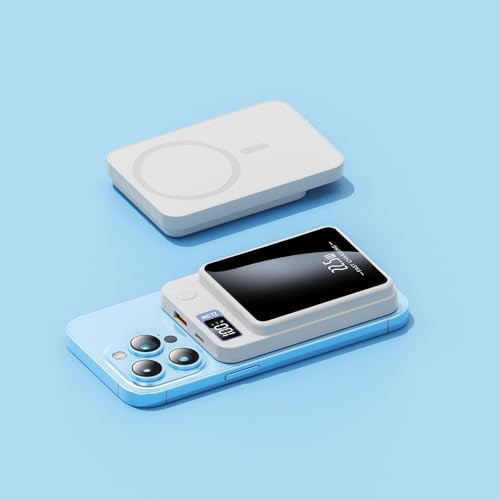 Magnetic Wireless Power Bank – 10000 m Ah Portable Charger with 22.5 W Fast Charging, LED Battery Indicator, USB-C Compatibility for i Phone & Samsung Galaxy – Ultimate On-the-Go Charging Solution in Sleek White Design