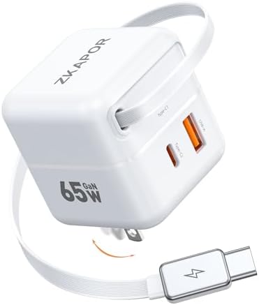 65 W USB-C Travel Charger with Retractable Cable – Dual Port Fast Charging Block for i Phone 16/15 Pro Max, Mac Book Air, and Galaxy – Compact, Foldable Design for Ultimate Portability and Enhanced Compatibility