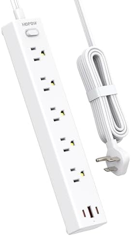 Ultra-Slim 15 FT Flat Plug Power Strip with 5 Outlets & 3 Smart USB Ports – 1700 Joules Surge Protector for Home, Office & Dorm Use – Space-Saving Design with Right-Angle Plug for Optimal Access and Charging Efficiency