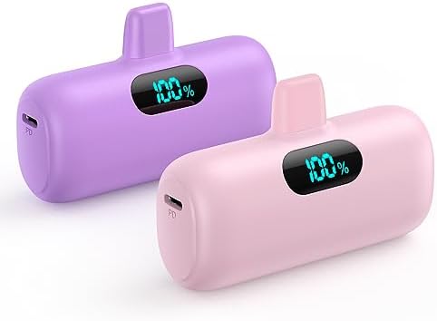 Dual Pack Mini Portable Charger 5000 m Ah – Ultra-Compact Power Bank with 15 W PD Fast Charging, LCD Battery Status Display, Lightweight Design for i Phone 14/14 Pro Max/13/13 Pro/12/XR/8/7/6 – Sleek Black & White Style for Effortless On-the-Go Charging