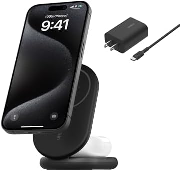 Revolutionize Your Charging Experience with the Belkin 2-in-1 Magnetic Foldable Charger – 15 W Qi2-Certified Wireless Power for Apple i Phone 16 & Samsung Galaxy S25 with Non-Slip Stability – Sleek White Design for Home, Office & Travel – PSU Included for Instant Use and Enhanced Device Compatibility