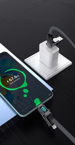 Universal TRON 4-in-1 100 W Braided Charging Cable with LCD Display – 5 FT Type-C, USB-A, Lightning Connector for i Phone, i Pad, Samsung, and Laptop – Ultimate Fast Charging Solution and Enhanced Device Compatibility