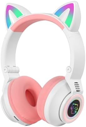 Adorable LED Cat Ear Bluetooth Headphones for Kids – Safe 85 d B Volume Limiting, Foldable Wireless Design with Built-in Microphone and FM Radio, Perfect for Music, Learning, and Play – Available in Charming Pink and White Variants for a Fun Listening Adventure